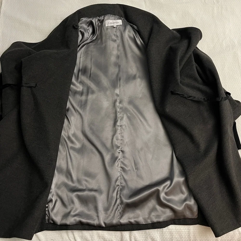 Calvin Klein Double Breasted Drape Cape Coat Envelope Collar Grey Sleeved Jacket - Picture 12 of 15